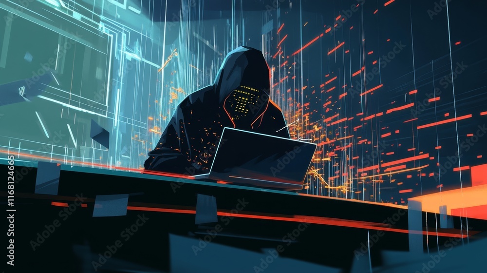 Poster illustration of a cyber attack in progress with digital elements