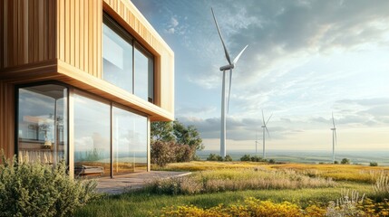 Obraz premium Modern Residential Building with Wind Turbines and Scenic Landscape