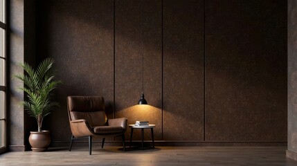 Serene Interior Design Modern Leather Chair, Pendant Light, and Potted Plant in a Dark Brown Room