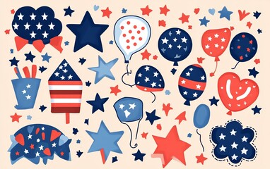 Patriotic red, white, blue star and balloon set.