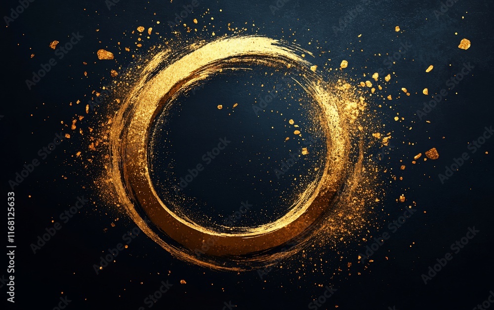 Poster golden circle brush stroke with splatter on a dark background.