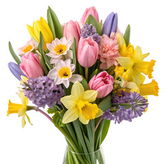 Bright spring flowers, including tulips, daffodils, and hyacinths in a vase, captured on a white...