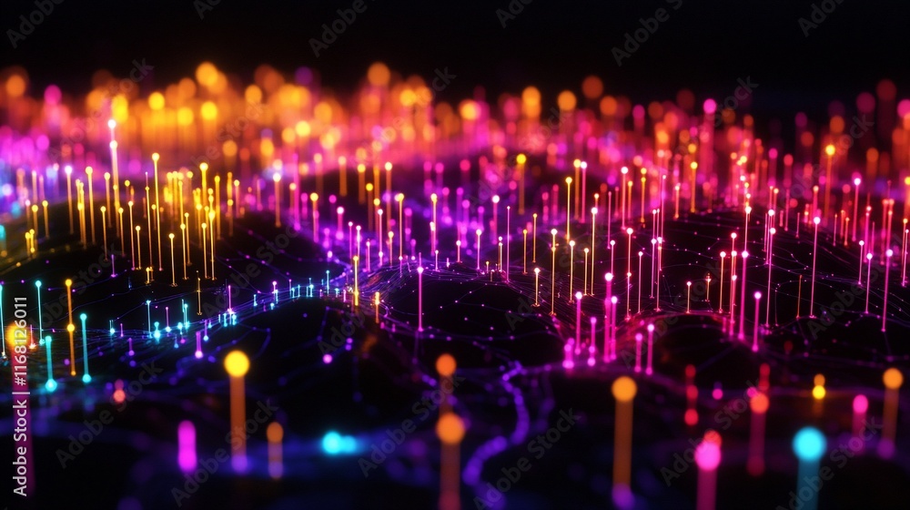 Poster abstract network of bright lines and dots.