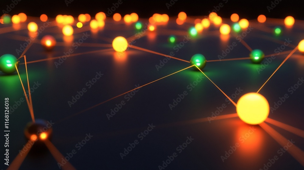 Aufkleber glowing spheres connected by lines on a dark surface.