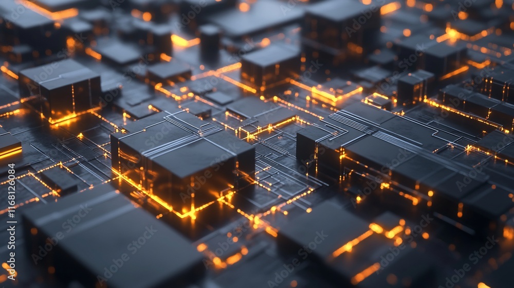 Poster abstract circuit board with glowing orange pathways and nodes.