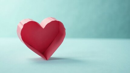 Obraz premium A delicately folded paper heart, a symbol of affection and handmade artistry, rests on a serene, light-blue surface