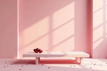 Romantic Minimalist Pink Room Scene with Heart Decorations on a Low Bench