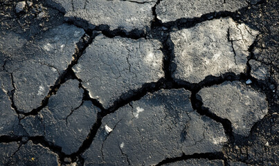 Obraz premium Cracked asphalt surface with rough texture, showcasing dark tones and irregular patterns. This hyper realistic image captures details of weathered pavement