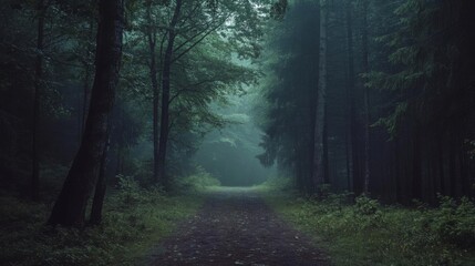 Fototapeta premium Misty Forest Path: An Eerie Walk Through Nature