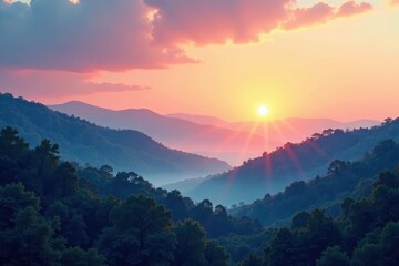 Obraz premium Serene Sunset Over Rolling Hills and Lush Forests, Bathed in Warm Golden Hues