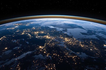 Fototapeta premium View of Earth from space at night, showcasing glowing city lights with a visible atmosphere against a starry background. Concept of connectivity. Ai generative