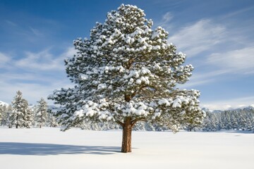 A lone snow-covered pine tree stands tall in a serene winter landscape under a bright blue sky.