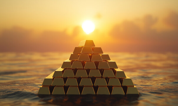 financial Pyramid of gold bars glistening in the sunlight over a serene water surface, symbolizing wealth and prosperity.