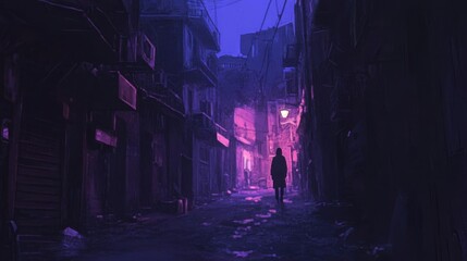 Walking Alone in a Purple City Alley at Night