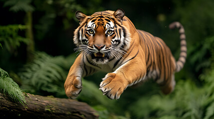 Obraz premium tiger leaping over fallen log in lush green forest, showcasing its powerful physique and striking stripes. scene captures essence of wildlife in motion