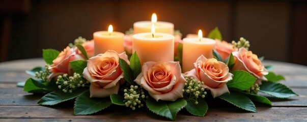 Fototapeta premium Beautiful floral wreath centerpiece with candles and greenery, wedding decor, garden party