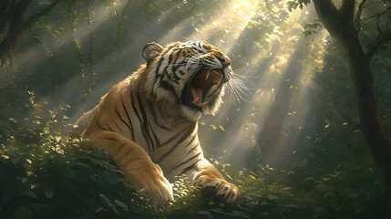 tiger roaring fiercely in sunlit forest, surrounded by lush greenery and dappled light, evokes sense of power and majesty in wild
