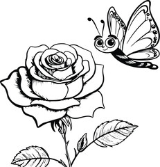 A rose flower, a butterfly flying and sitting on the rose, line art and thick lines, clear lines, no color, white background, funny art style, different design style 2.eps