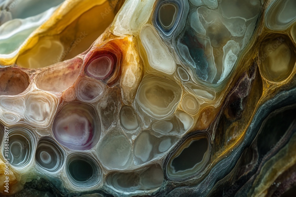 Poster close-up of colorful agate stone with intricate patterns and textures.