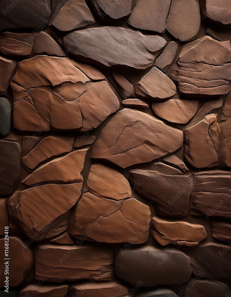 Poster a close-up view of a textured stone wall with varying shades of brown creates a visually dynamic and