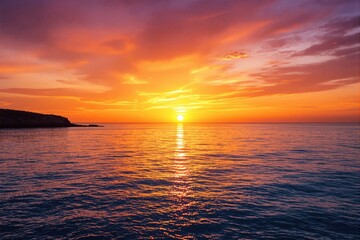 Obraz premium Vibrant sunset over calm ocean waves, glowing orange and purple sky, silhouette of a coastline, peaceful and tranquil ambiance. Ai generative