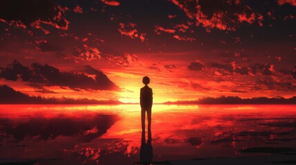 Silhouette of a person against a vibrant sunset. Concept of solitude and reflection.