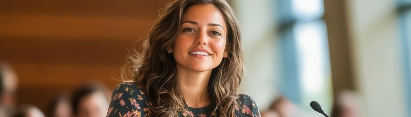 A female entrepreneur giving an empowering presentation at a National Entrepreneurs Day event, inspiring others with her journey, confidence, and leadership