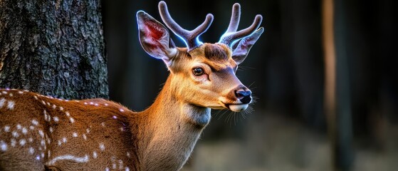 Fototapeta premium Deer in the woods forest natural beauty concept, A deer with antlers stands in a forest, showcasing its natural beauty with a soft focus on the background.