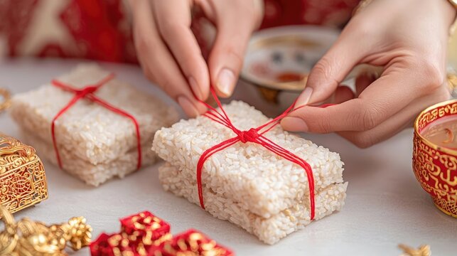 Chinese new year sticky rice food concept. Close-up of hands tying sticky rice parcels with red string, traditional craftsmanship for Chinese New Year