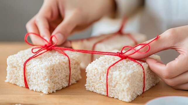 Chinese new year sticky rice food concept. Close-up of hands tying sticky rice parcels with red string, traditional craftsmanship for Chinese New Year