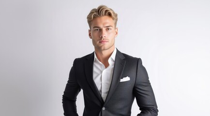 Fototapeta premium Handsome blonde Man portrait. Man in suit, attractive businessman, business style. Portrait of a guy in an expensive business suit.