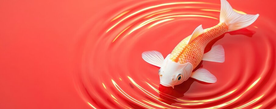 Chinese new year fish food concept. Abstract fish floating in swirling gold light, minimalist red background, modern and symbolic Chinese New Year design