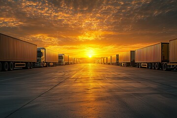 A serene view parked trucks under a golden sunrise, symbolizing industry and calmness.