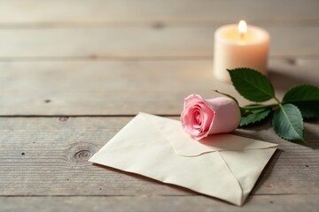 A Gentle Pink Rose Resting Upon a Creamy Envelope Next to a Burning Candle on a Rustic Wooden Surface