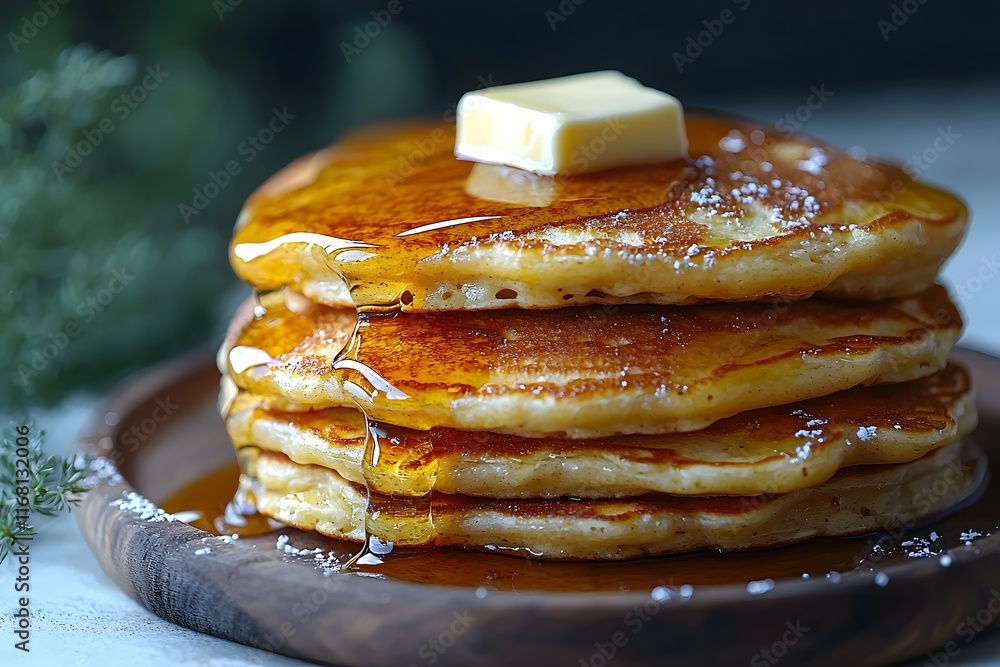 Poster fluffy stack of pancakes drizzled with maple syrup and topped with butter on white background