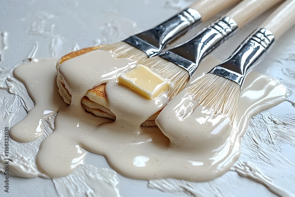 Poster stack of fluffy pancakes drizzled with syrup and a pat of butter on top isolated on white background