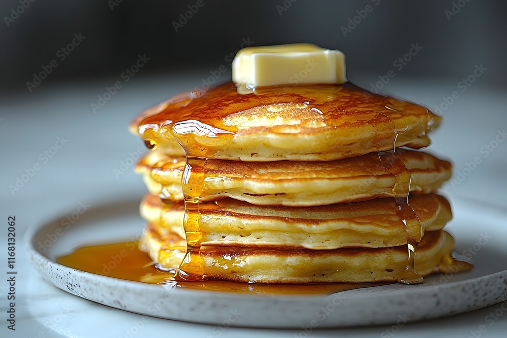 Poster stack of fluffy pancakes drizzled with syrup and pat of butter on top on isolated white background