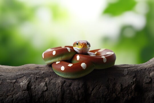 Emerald Tree Boa Resting On A Log In Nature