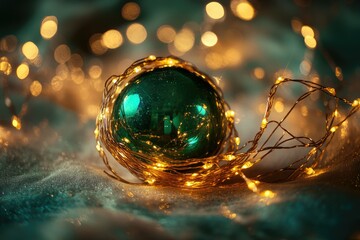 A teal Christmas bauble nestled in warm fairy lights, creating a festive, magical scene.
