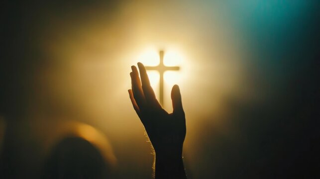 Worship God concept: Silhouette christian people hand rising over blurred cross on spiritual light background