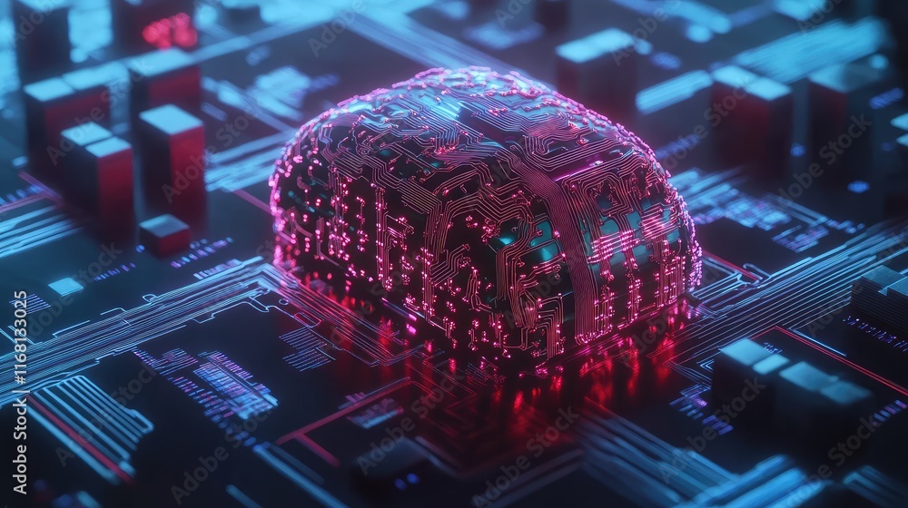 Poster abstract d ai circuits glowing with intricate patterns and vibrant light effects on a sleek minimali