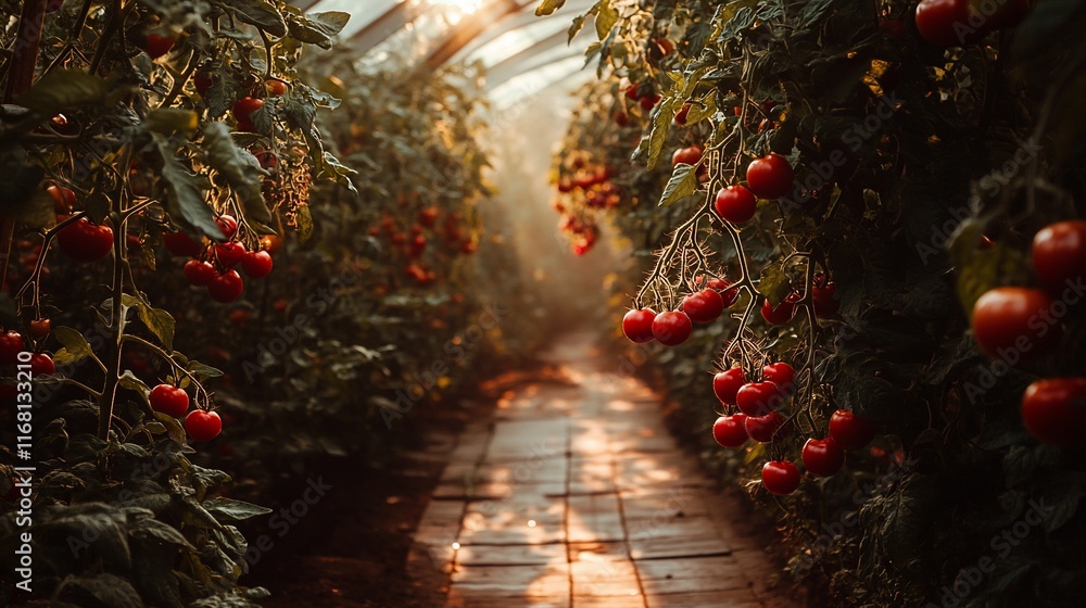 Poster sunlit path between rows of ripe red tomatoes growing in a greenhouse.