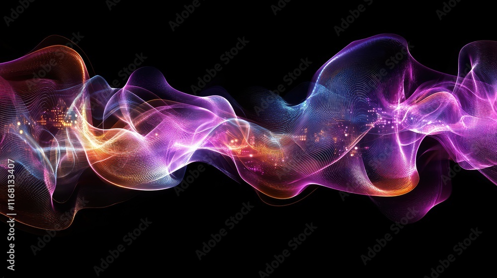 Poster abstract ai holographic graphics with glowing waveforms and interconnected circuits in a sleek moder