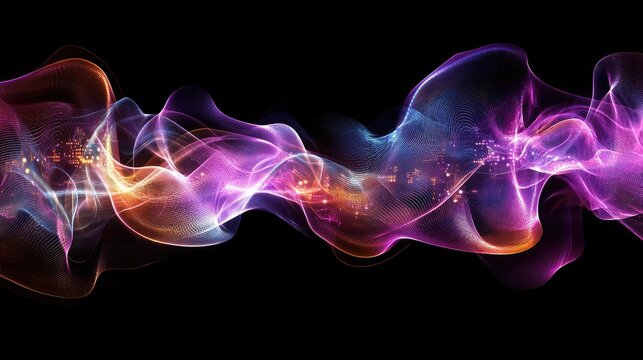 Abstract AI holographic graphics with glowing waveforms and interconnected circuits in a sleek modern layout