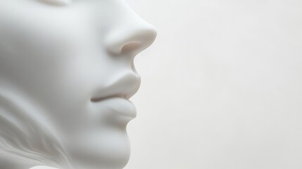 Abstract close-up of a smooth, featureless face silhouette in soft light, representing calmness and serenity, set against a clean white background with ample copy space
