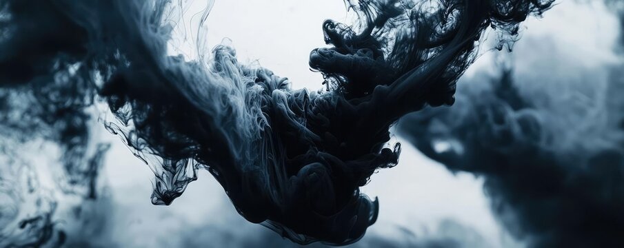 Grungy abstract background concept. An abstract depiction of swirling dark ink immersed in water, showcasing fluid dynamics.
