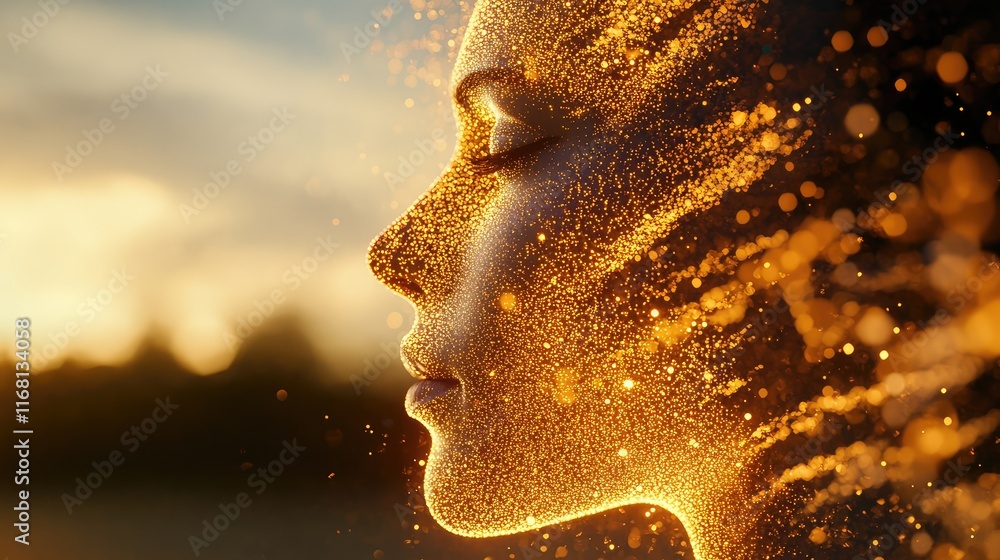 Poster abstract glowing face outline made from digital particles, representing identity, set against a simp