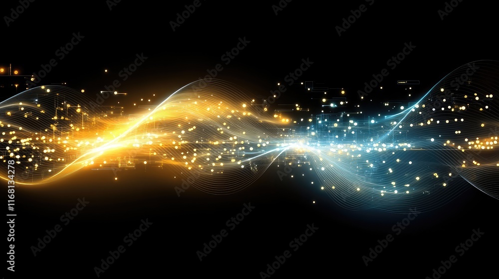 Poster abstract glowing waveforms and digital circuits in an ai-inspired futuristic design for a clean and 