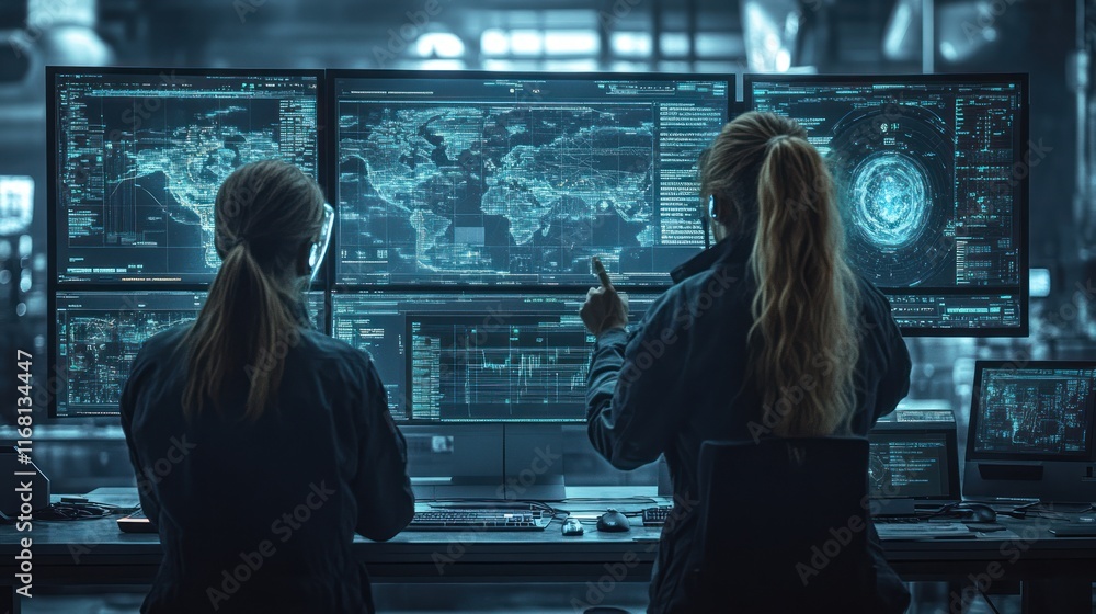 Poster two people analyzing data on screens in high-tech setting