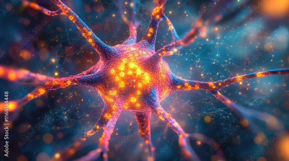 Poster abstract high-tech ai neural pathways glowing in vibrant colors and interconnected nodes on a minima